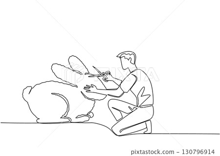 Continuous one line drawing male gardener kneels holding a tree shears shaping a tree into a rabbit. Amazing art. Creativity and hobbies. World Topiary Day. Single line draw design vector illustration 130796914