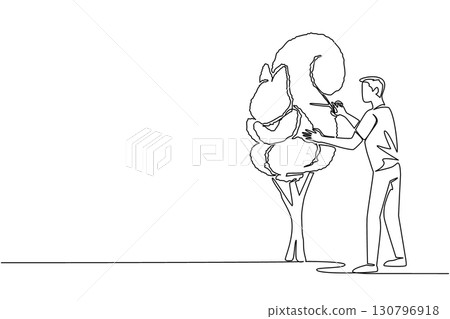 Single continuous line drawing a male gardener holding tree shears shaping a tree into a squirrel. Unique creative art. Symbol of perseverance. World Topiary Day. One line design vector illustration 130796918