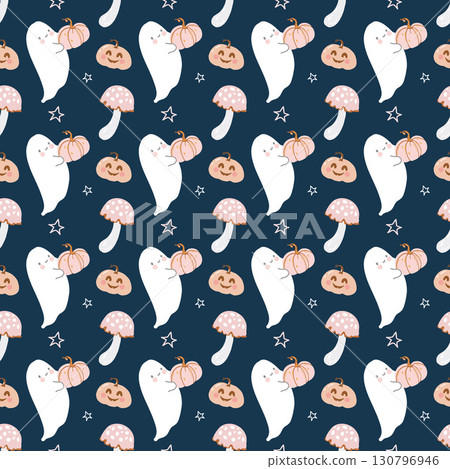 Halloween pattern with cute little ghosts and pumpkins. Seamless autumn background with hand drawn funny ghosts on dark blue background. Funny ghosts, pumpkins, mushrooms, fly agarics and stars in Halloween pattern with cute little ghosts and pumpkins. Seamless autumn background with hand drawn funny ghosts on dark blue background. Funny ghosts, pumpkins, mushrooms, fly agarics and stars in 130796946