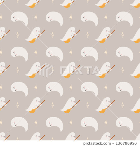 Halloween pattern with cute little ghosts on broomsticks and stars. Seamless autumn pattern with hand drawn funny ghosts on beige background. Cute cozy childrens background for Halloween. Pastel 130796950
