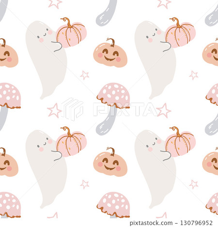 Halloween pattern with cute little ghosts and pumpkins. Seamless autumn background with hand drawn funny ghosts on white background. Funny ghosts, pumpkins, mushrooms, fly agarics and stars in pink 130796952