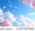 櫻花花瓣和白雲在藍天上飛舞 130796988