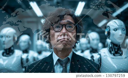 A man in a suit is surrounded by robots and looks anxious. 130797259