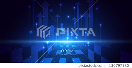 Arrow up glowing blue with lighting effect on dark blue background. 130797580