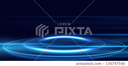 Futuristic glowing pedestal circle blue rays on dark blue background. 130797590