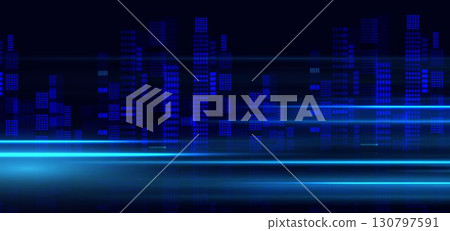Nigth cityscape glowing blue panoramic on dark background. Futuristic cityscape with speed lines light. Nigth cityscape glowing blue panoramic on dark background. Futuristic cityscape with speed lines light. 130797591