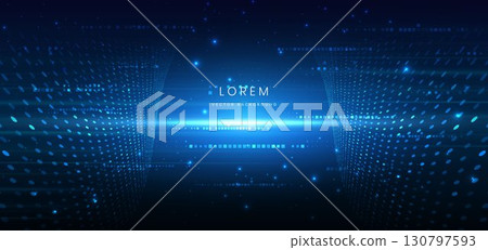Futuristic glowing lines neon blue light ray on dark blue background with dot pattern digital element. 130797593