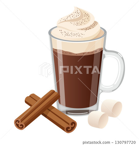 Hot Chocolate with Whipped Cream, Cinnamon, and Marshmallows 130797720