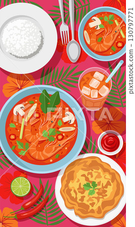 Thai Tom Yum Soup with Rice and Omelet Thai Tom Yum Soup with Rice and Omelet 130797771
