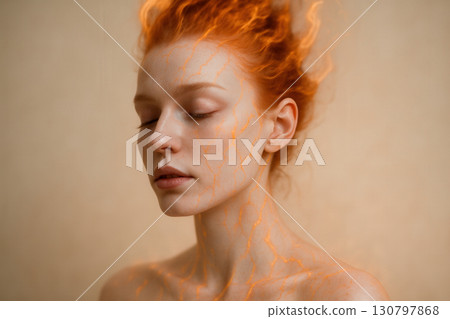 Fire Nymph With Luminous Veins And Flame-Kissed Hair 130797868