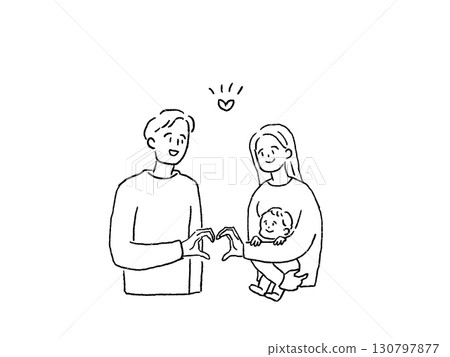 Young couple making heart pose, men and women, baby, line drawing, 130797877