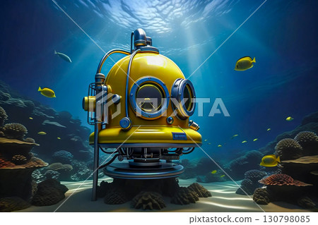 Yellow underwater bathyscaphe on the ocean floor among beautiful corals. A yellow bathyscaphe rests on the ocean floor, surrounded by vibrantly colored corals and fishs. Yellow underwater bathyscaphe on the ocean floor among beautiful corals. A yellow bathyscaphe rests on the ocean floor, surrounded by vibrantly colored corals and fishs. 130798085