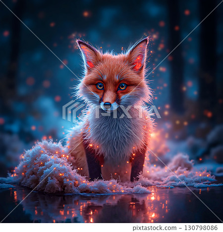 Magical fox in a glowing forest. A close-up of a cute little fox sitting in a fairytale forest. 130798086