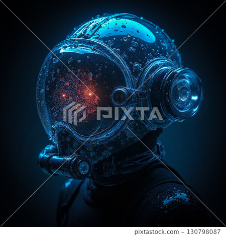 Astronaut in cyberpunk helmet. A futuristic helmet with a spherical glass design, covered in condensation droplets. Astronaut in cyberpunk helmet. A futuristic helmet with a spherical glass design, covered in condensation droplets. 130798087
