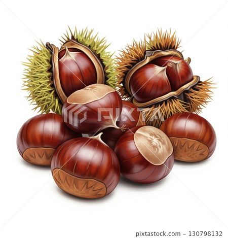 Pile of Glossy Brown Chestnuts with Spiky Green Burrs on White Background 130798132