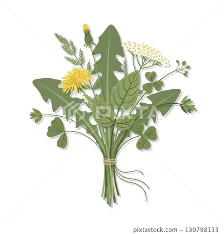 Wildflower Bouquet with Dandelions Clover and Yarrow on White Background 130798133