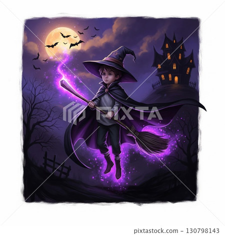 Enchanting Boy Witch on Broomstick in Night Sky with Castle and Full Moon 130798143