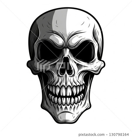 Skull Illustration Shaded in Gray with Detailed Cracks Isolated on White Background 130798164