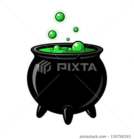 Black Cauldron with Glowing Green Potion Bubbling on White Background 130798165