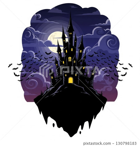 Pixel Art Black Castle on Hill with Moon and Bats in the Night Sky 130798183