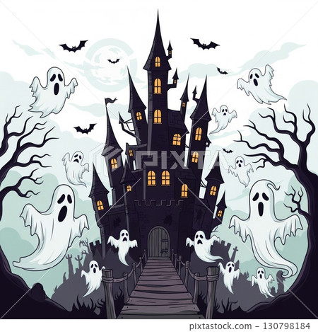 Creepy Spooky Black Castle with Ghosts Bats and Dead Trees on a Cloudy Halloween Night 130798184