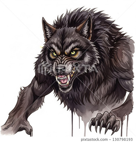 Angry Black Wolf Growling With Yellow Eyes White Background Illustration 130798193
