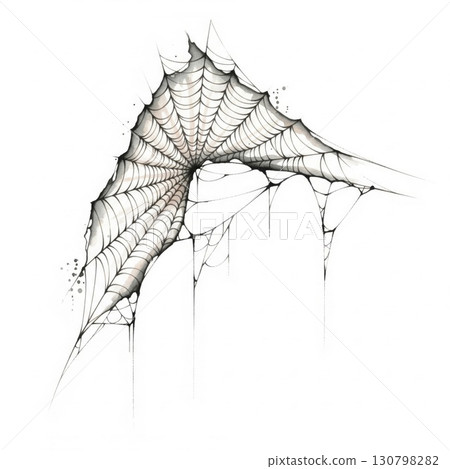 Fragmented Spiderweb Illustration with Intricate Webbing against White Background 130798282