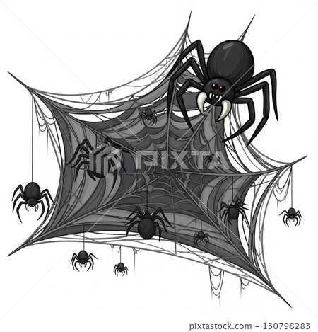 Gray Spiderweb with Multiple Black Spiders Hanging Isolated on White Background 130798283