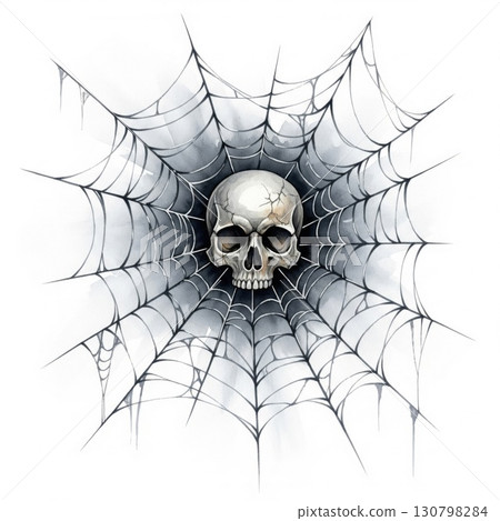 Skull Centered in Intricate Spider Web Isolated on White Background Gothic Horror Halloween 130798284