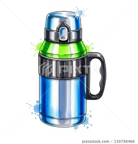Blue Metal Thermos Green Accent with Handle and Splatter on White Background 130798466