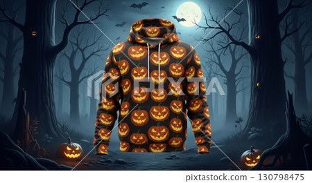Pixelated Halloween Hoodie with Pumpkin Faces Against a Spooky Night Forest Background 130798475