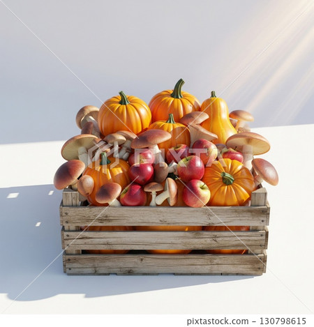 Abundant Autumn Harvest in Wooden Crate Featuring Pumpkins Apples and Mushrooms 130798615