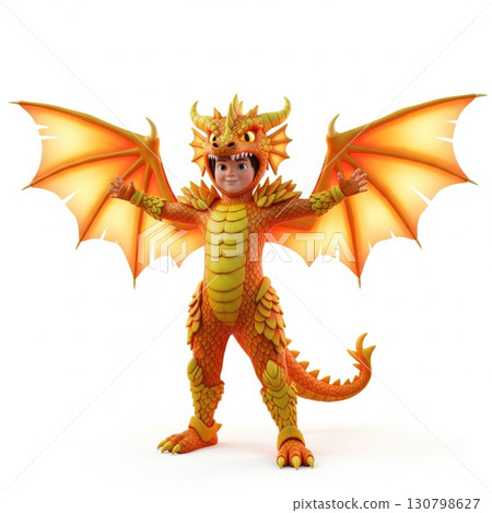 Child in Orange Dragon Costume with Wings on White Background Studio Shot 130798627