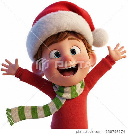 Joyful Boy in Red Sweater and Santa Hat Celebrating Christmas Isolated 130798674