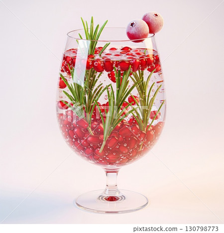 Clear Glass Filled with Pomegranate Seeds and Rosemary Sprigs on White Surface Clear Glass Filled with Pomegranate Seeds and Rosemary Sprigs on White Surface 130798773