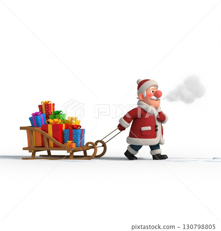 Illustration of Santa Claus Pulling Wooden Sleigh Full of Colorful Presents on White Background 130798805