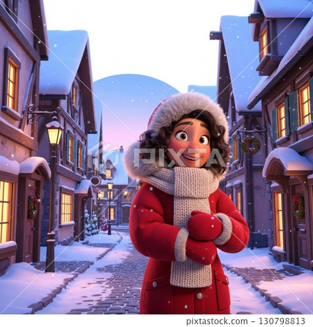 Animated Woman in Winter Outfit on Snow Covered European Street 130798813
