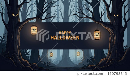 Happy Halloween Dark Blue Pixel Art Scene with Trees and Lanterns 130798843