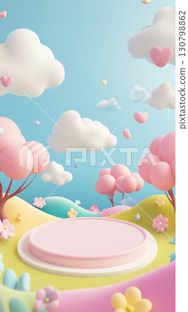 Colorful whimsical landscape with pink trees and fluffy clouds on a sunny day Colorful whimsical landscape with pink trees and fluffy clouds on a sunny day 130798862