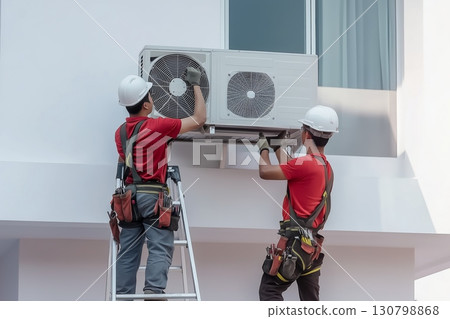 Two workers install air conditioning unit on a building exterior during daylight hours Two workers install air conditioning unit on a building exterior during daylight hours 130798868