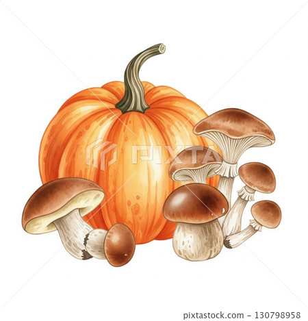 Vibrant Orange Pumpkin with Brown Mushrooms Illustration on White Background 130798958