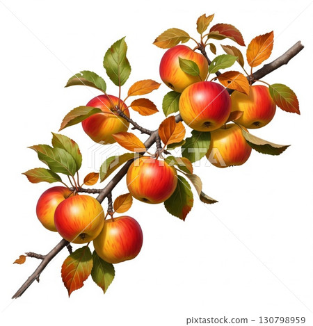 Branch with Red and Yellow Apples on White Background 130798959
