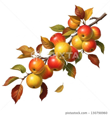 Apple Branch with Ripening Fruit and Autumnal Leaves on White Backdrop 130798960