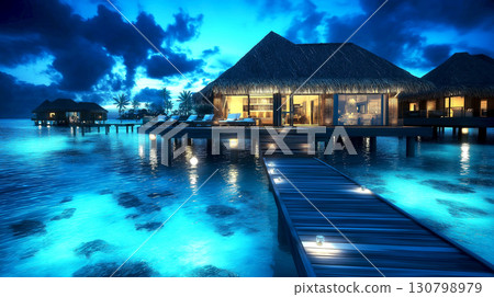 Night scene of bungalows resort overwater with seascape at Bora Bora island, French Polynesia, concept of vacation or relaxation 130798979