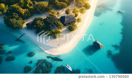 Bird eye view of bungalows resort and the white beach at Bora Bora island, French Polynesia, showcasing the iconic mount Otemanu, turquoise lagoon seascape and relaxation concept 130798980