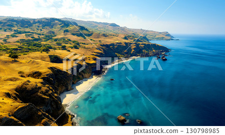 Aerial view of Nosy Tanikely island in Madagascar showcasing blue sea, white sand beach and lush greenery. Diving travel destination 130798985