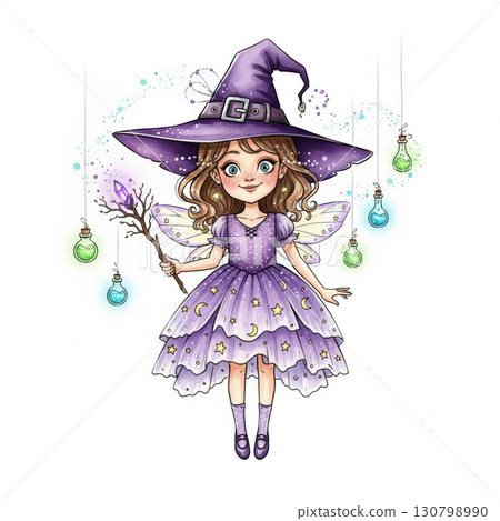 Digital Art of a Fairy Witch with Purple Dress and Hat on White Background 130798990
