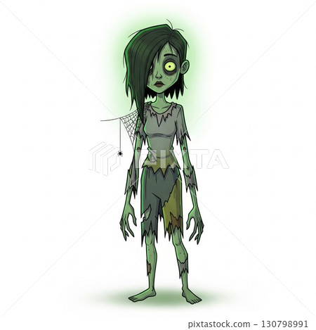 Cartoonish Zombie Girl Character with Green Skin and Ragged Clothes on White Background 130798991