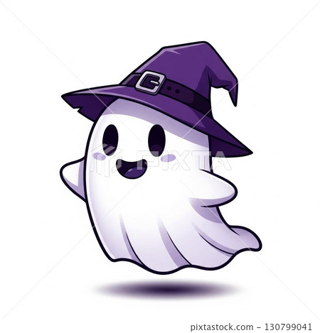 Cute Cartoon Ghost Character Wearing Purple Witch Hat on White Background 130799041