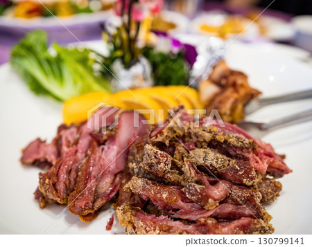 Sliced German Pork Knuckle in plate Sliced German Pork Knuckle in plate 130799141